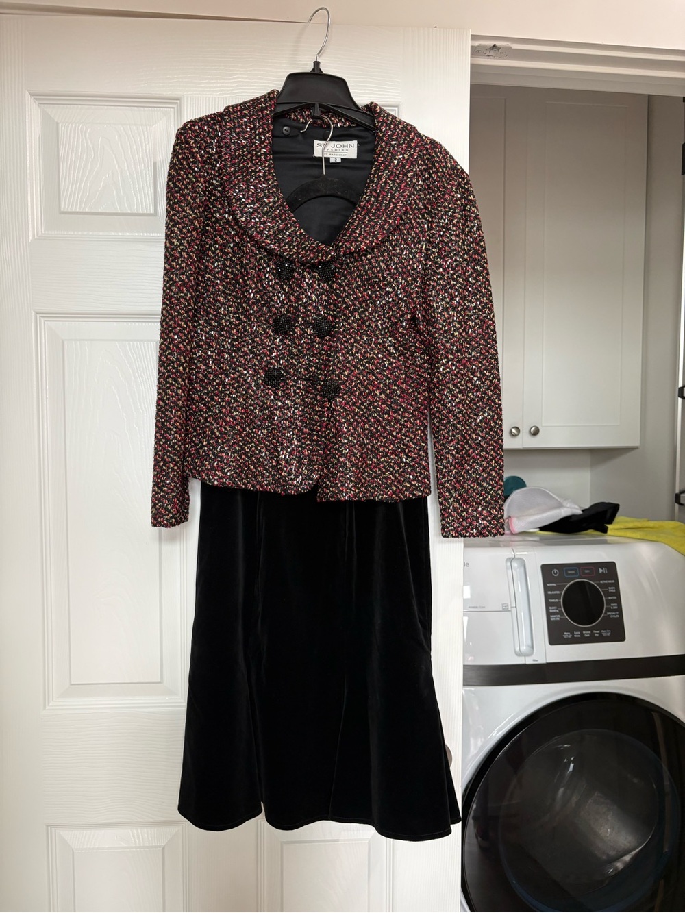 St. John Multicolor Tweed Jacket with Black Skirt
